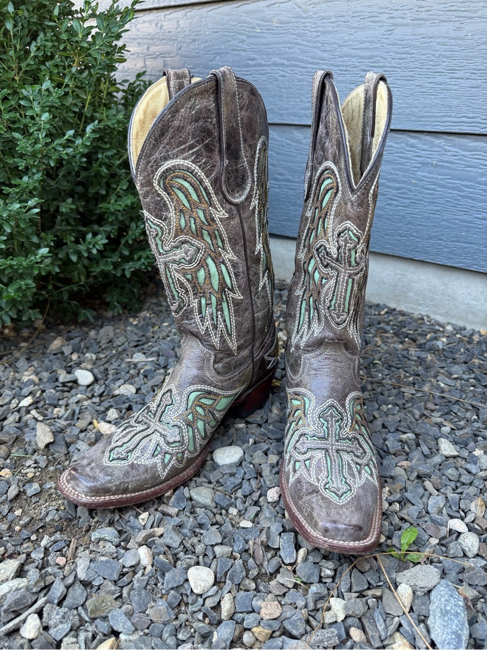 Ferrini Cross Wing Leather Western Cowboy Boots Brown Turquoise size 8